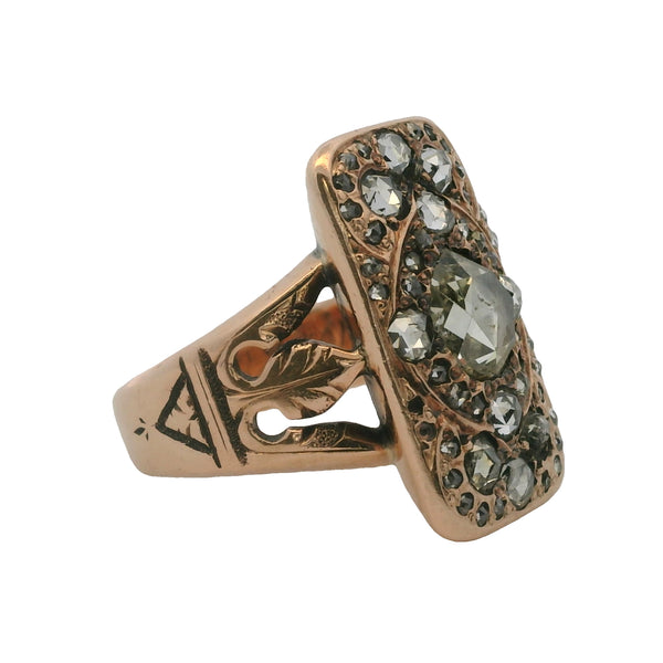 Antique Victorian 1884 Solid 14kt Rose Gold and Closed-Back Rose Cut Diamond Cluster Shield Ring Size 4.75
