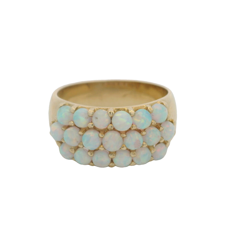 Vintage 1970-80s Solid 14kt Yellow Gold Cabochon Vivid Intense Fire Opal Cluster 9.5mm Ring Size 9