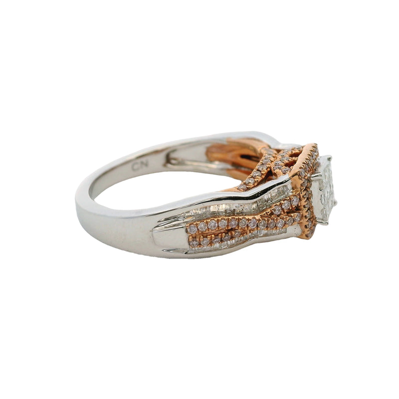 Solid 14kt White and Rose Gold Princess Cut Diamond Cluster Ring with Halo and Accent Band Size 7