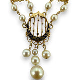 Vintage 1930s-50s Victorian Revival 14kt Solid Yellow Gold Delicate Pearl Station Necklace with Gold Openwork, Blue Enamel, and Pearl Drop Center