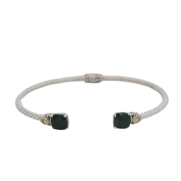 Samuel B 925 Sterling Silver and 18kt Yellow Gold Checkerboard Cut Onyx 8" Cuff Bangle Bracelet