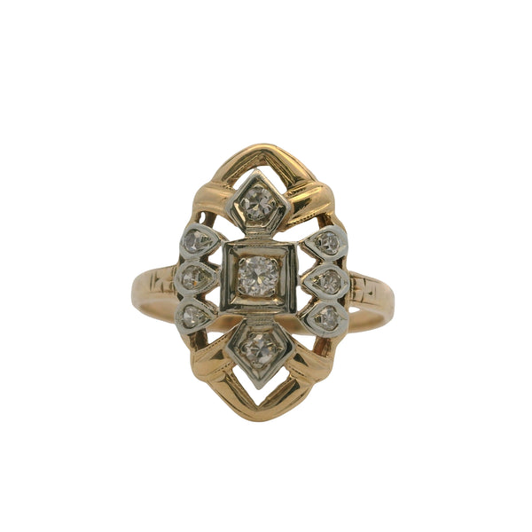 Antique 1930s 14kt Yellow and White Gold Diamond Shield Dinner Ring Size 5
