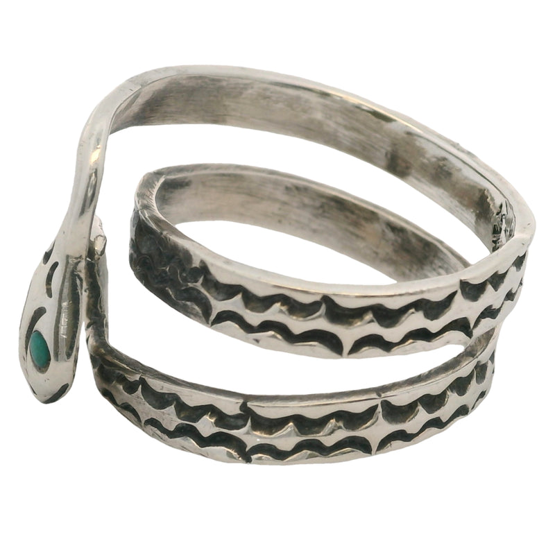 Mexican 925 Sterling Silver Coiled Snake with Turquoise Eyes Spiral Wrap Ring Size 9