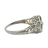 Antique Early 1920s Solid 14kt White Gold Old Euro Diamond and Sapphire Filigree Deco Ring Size 6