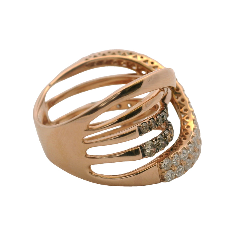 Le Vian 14kt Rose Gold Criss-Cross Overlapping White and Cognac Diamonds Ring