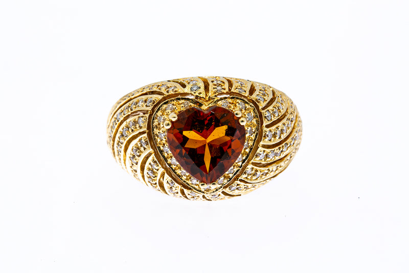Sonia B Solid 14kt Yellow Gold and Citrine Heart Cocktail 16mm Thick Ring with Diamond Waves Size 10