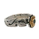 925 Sterling Silver and 18kt Yellow Gold Flower Leaf Ring With Center Emerald Size 5