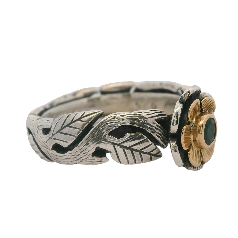 Anillo de hoja de flor en plata de ley 925 y oro amarillo de 18 kt con esmeralda central, talla 5