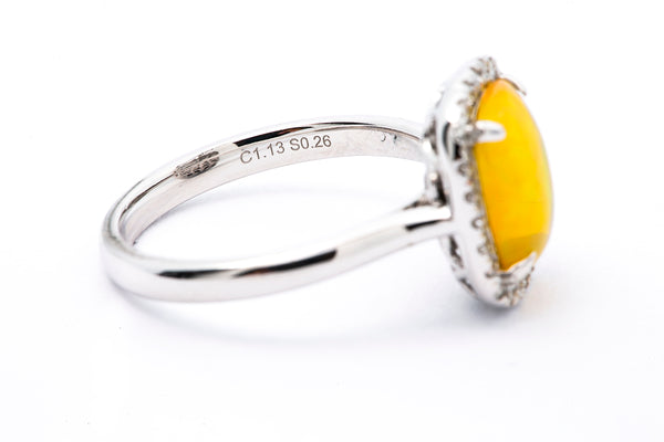 DVANI Jewelry Solid 14kt White Gold and Ethiopian Welo Jelly Opal Cabochon Cocktail Ring with Halo of Diamonds Size 6.5