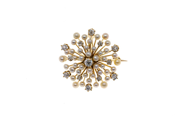 Antique Starburst Seed Pearl & Diamond Firework Cluster Brooch 14K 585 Yellow Gold Lapel Pin
