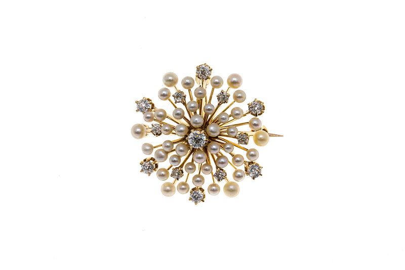 Antique Starburst Seed Pearl & Diamond Firework Cluster Brooch 14K 585 Yellow Gold Lapel Pin