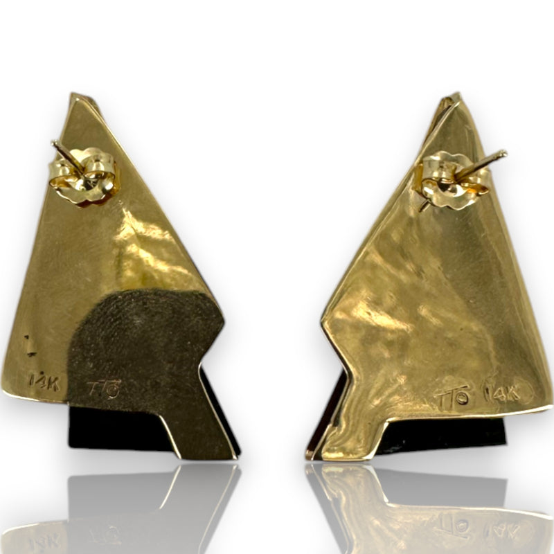 Vintage Solid 14kt Yellow Gold and Onyx 1.3" Long Abstract Triangle Stud Earrings