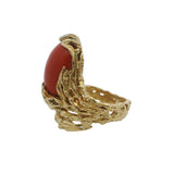 Italian 1980s Brutalist 18kt Yellow Gold and Cabochon Coral Textured Cocktail Ring Size 6