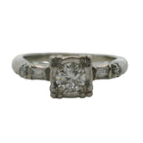 Vintage 1940-50s 14kt White Gold Diamond Solitaire Ring with Baguette Diamond Accents Size 5.5