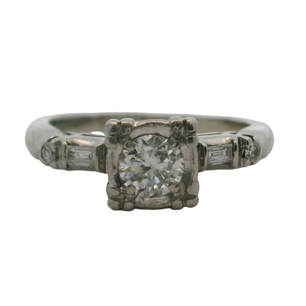 Vintage 1940-50s 14kt White Gold Diamond Solitaire Ring with Baguette Diamond Accents Size 5.5