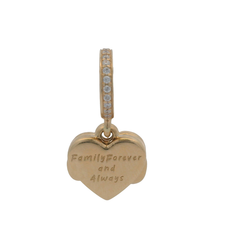Charm colgante Pandora de oro amarillo macizo de 14 kt con circonitas cúbicas y esmalte con forma de corazón infinito.