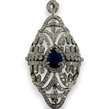 Art Deco Inspired Solid 14kt White Gold Necklace 2" Long Pendant Navette-Shaped with Pear-Cut Center Sapphire and Many Diamonds