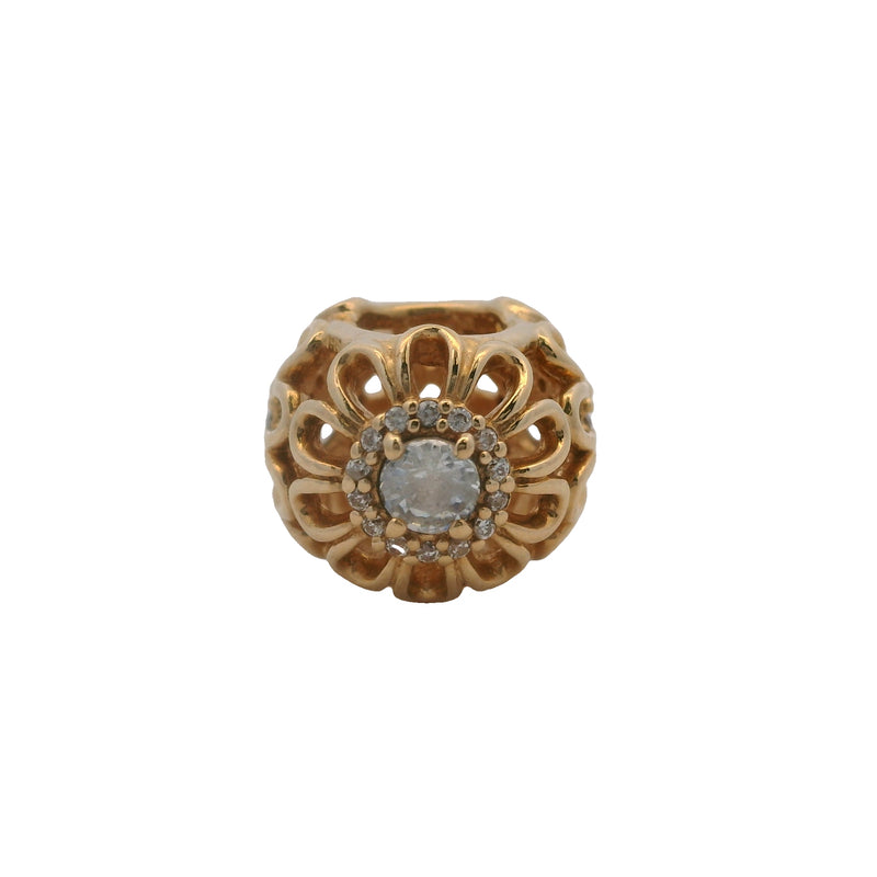 Charm separador de circonita cúbica con brillo floral retirado de Pandora en oro amarillo macizo de 14 kt