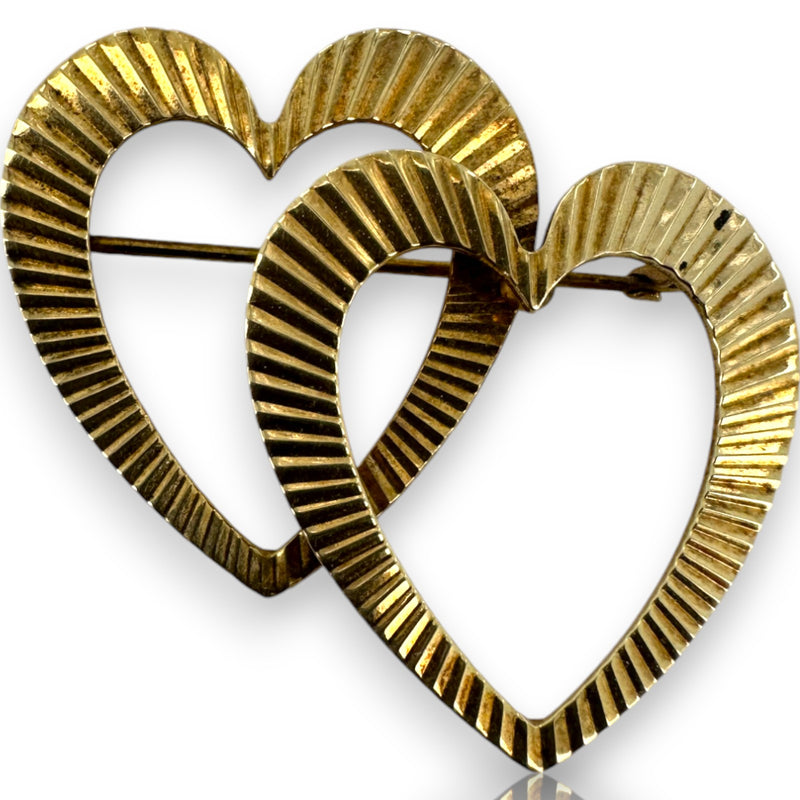 Krementz Vintage 1930-50s Retro Era Double Heart Brooch Pin with Sunburst Pattern