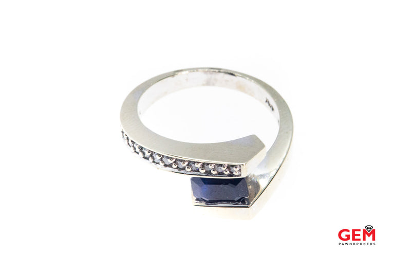 BITA Natural Emerald Cut Sapphire & Diamond Accent Wrap Band 18K 750 White Gold Ring Size 6 3/4