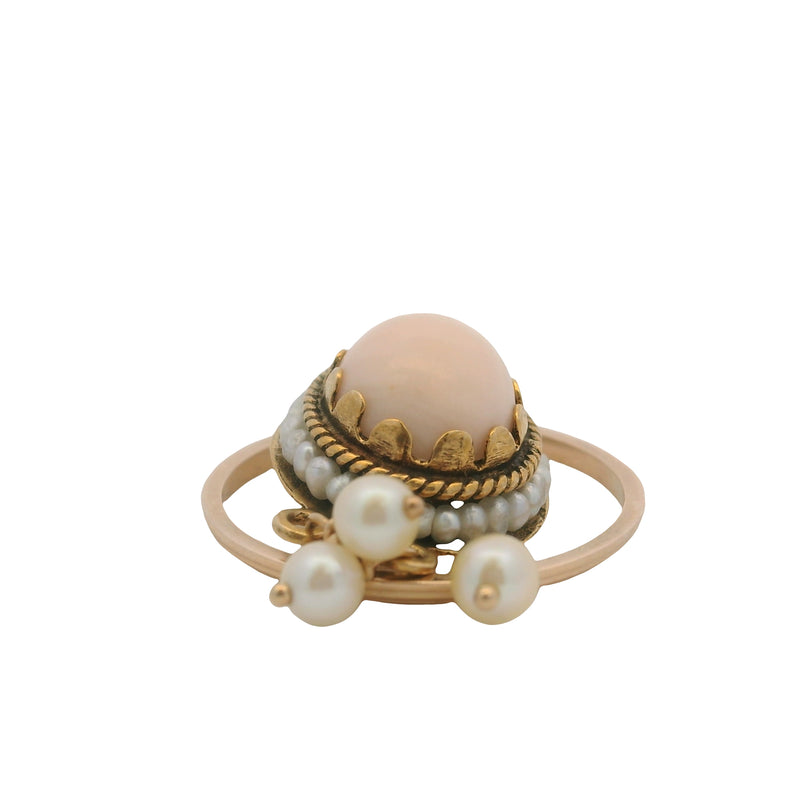 Vintage Mid Century 14kt Yellow Gold Coral and Seed Pearl Charm Ring Pendant