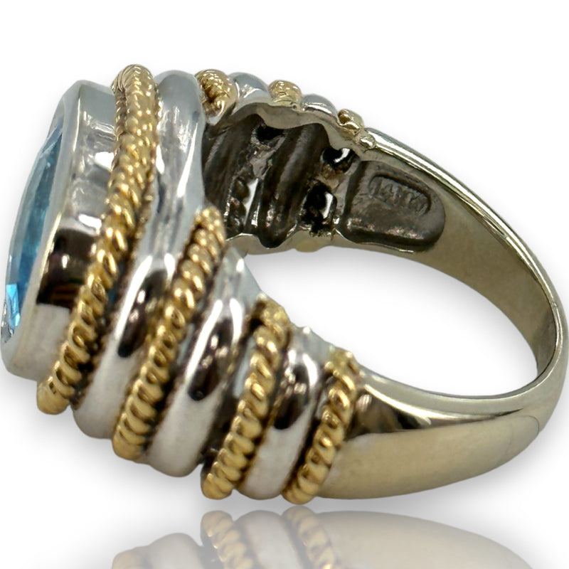 Anillo llamativo firmado por EFFY, oro blanco sólido de 14 kt en dos tonos, oro amarillo y topacio azul intenso con corte de tablero de ajedrez, talla 7,75