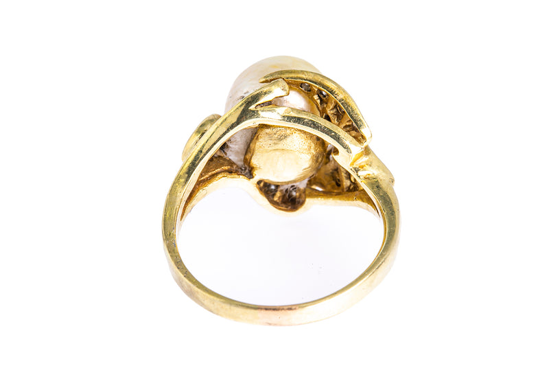 Natural Freshwater Pearl & Diamond Cluster Band 14K 585 Yellow Gold Ring Size 8