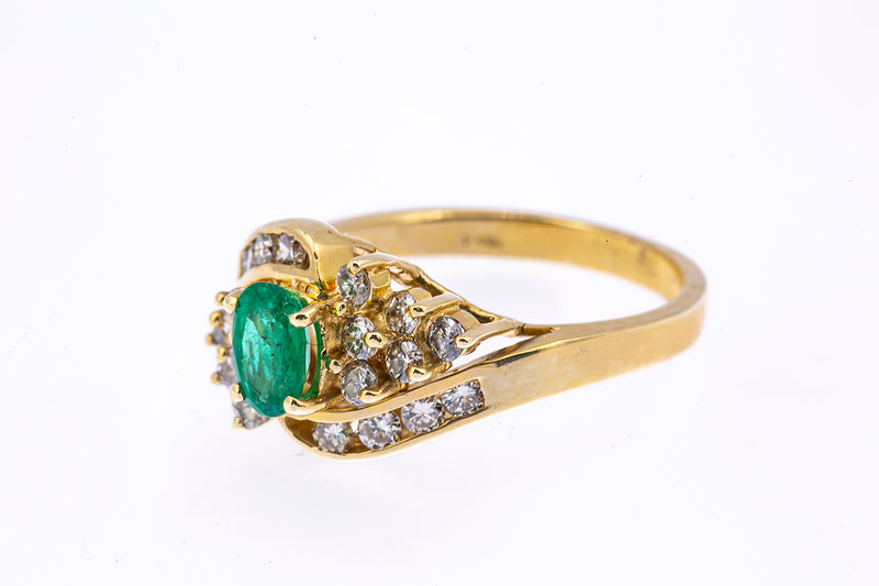 GC Natural Emerald & Diamond Cluster Cocktail 14K 585 Yellow Gold Ring Sz 6 1/2