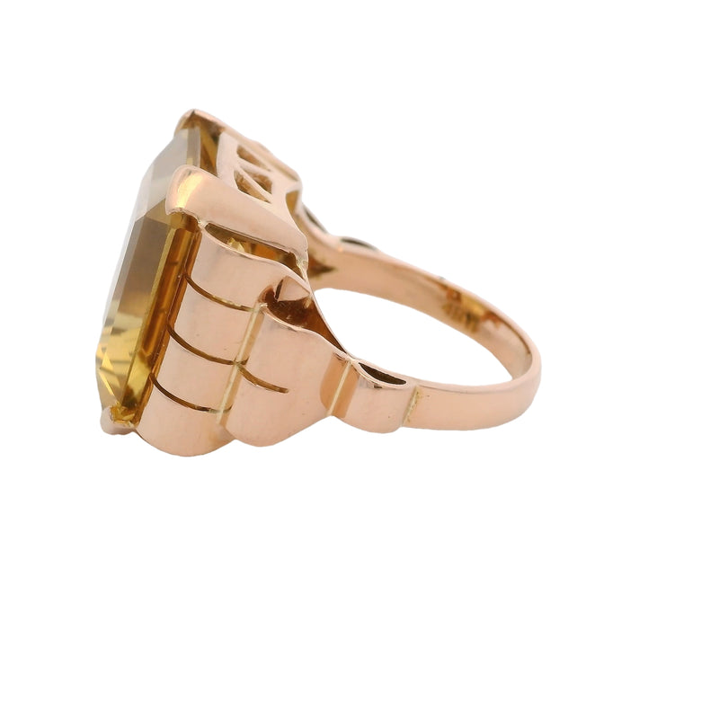 Vintage 1930s-50s Retro Era 18kt Rose Gold Emerald Cut Citrine Cocktail Statement Ring Size 7.75