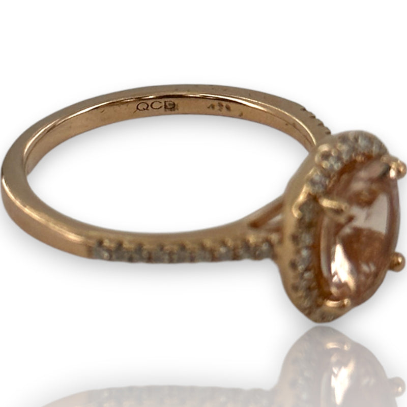 QCD Quality Color Design 14kt Solid Rose Gold and Morganite Ring with Accent Diamond Halo Engagement Size 7