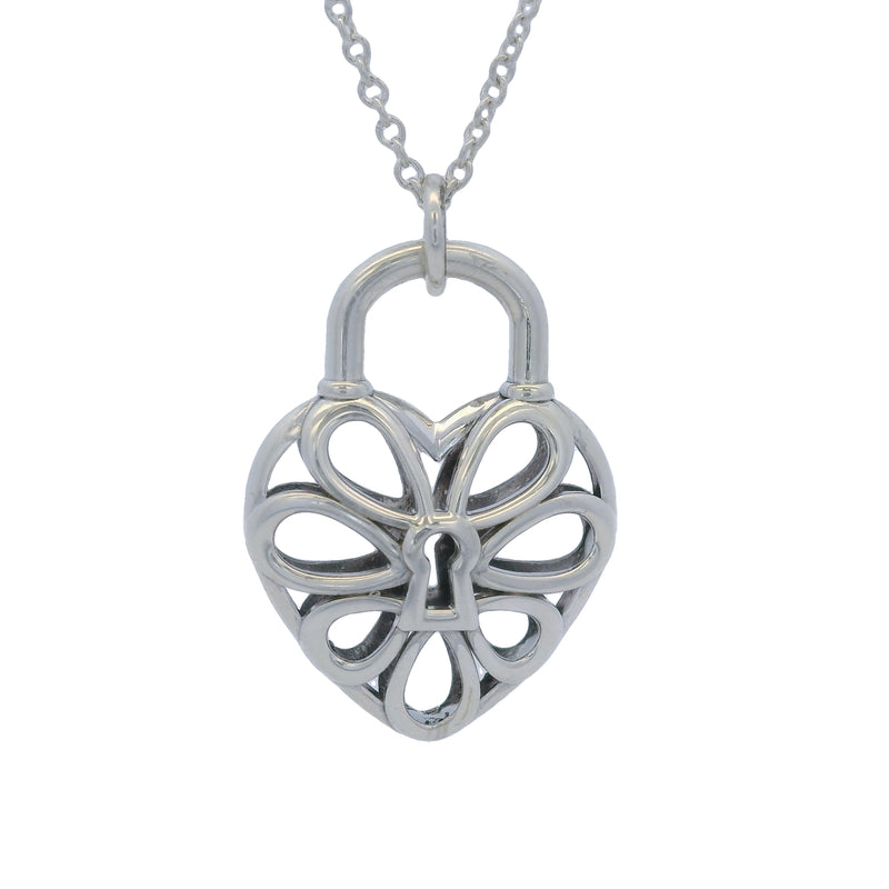 Tiffany & Co 925 Sterling Silver Filigree Heart Lock 16" Chain Necklace