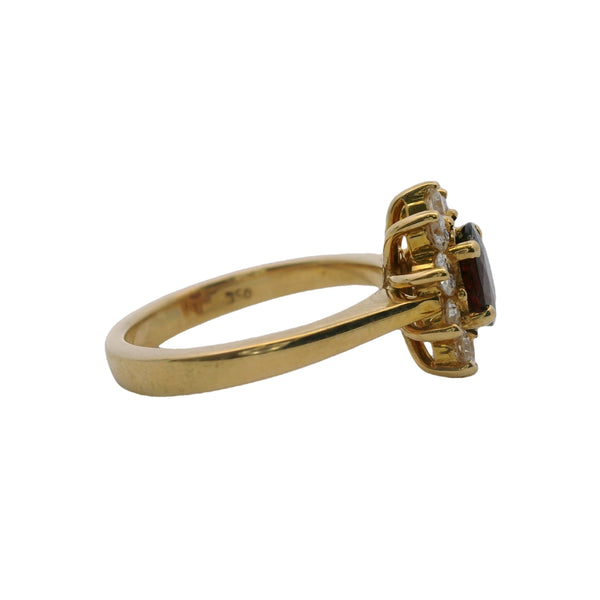 Solid 18kt Yellow Gold Natural Red Ruby Solitaire Ring with White Diamond Halo Size 5