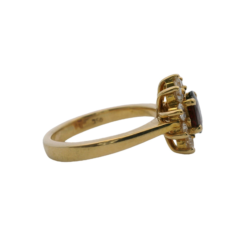 Solid 18kt Yellow Gold Natural Red Ruby Solitaire Ring with White Diamond Halo Size 5