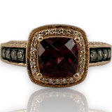 LeVian Solid 14kt Solid Rose Strawberry Gold Vivid Raspberry Rhodolite Garnet and Chocolate Diamonds with White Vanilla Diamond Halo Size 7 Ring