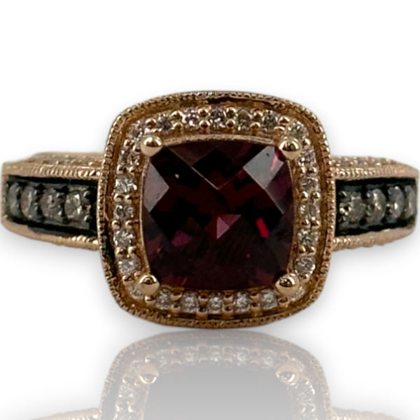 LeVian Solid 14kt Solid Rose Strawberry Gold Vivid Raspberry Rhodolite Garnet and Chocolate Diamonds with White Vanilla Diamond Halo Size 7 Ring