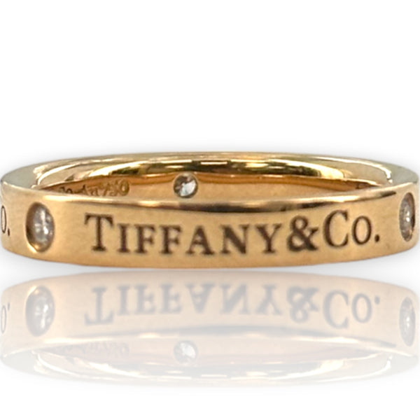 Tiffany & Co 18kt Rose Gold Band Ring with Tiffany Logo and 3 Round Brilliant Diamonds Size 5.5