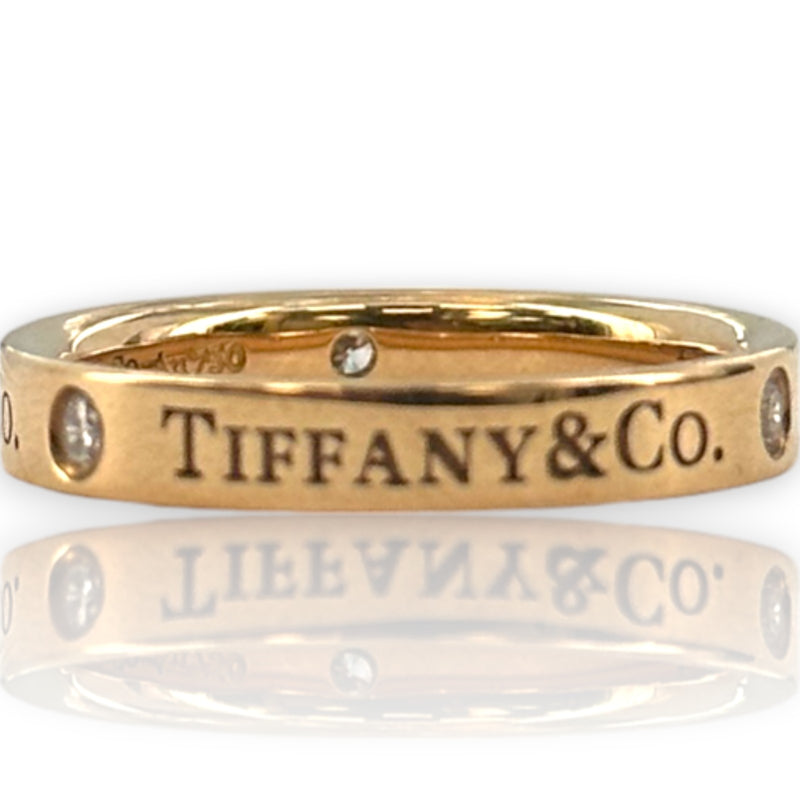 Tiffany & Co 18kt Rose Gold Band Ring with Tiffany Logo and 3 Round Brilliant Diamonds Size 5.5