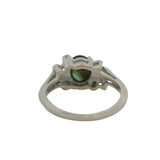 Vintage 1950-70s 14kt White Gold Ring with Center Cabochon 1.55ct Green Star Sapphire in Decorated Leaves Setting with 4 Accent Diamonds Size 5.5