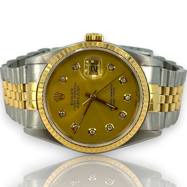 Rolex Datejust 16233 Champagne Diamond Dial 36mm 1991 Steel & Gold Watch