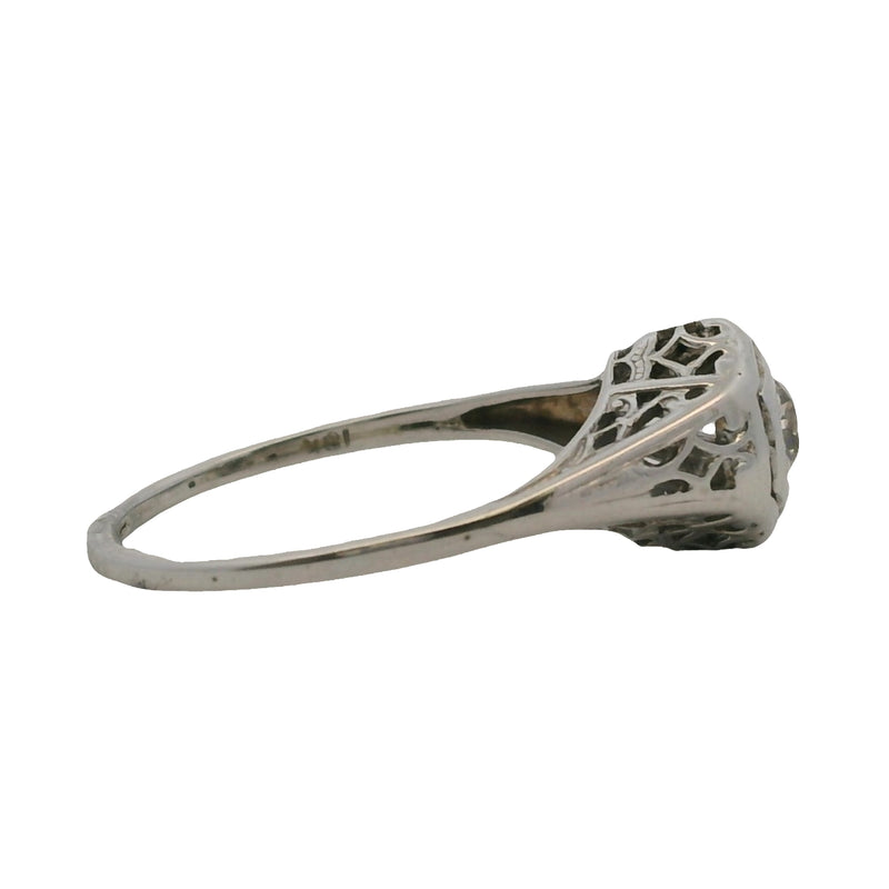 Antique 1920s Art Deco Solid 18kt White Gold and Old Euro Diamond Solitaire Filigree Ring Size 5.75