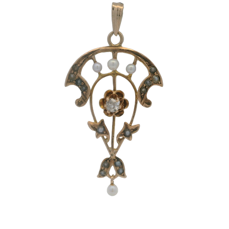 Antique Victorian 10kt Yellow Gold Lavaliere Pendant with Old Mine Cut Diamond and Freshwater Pearls