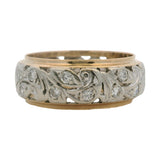 Antique 1930s Solid 2 Tone Gold and 0.84ctw Old Euro Diamond Scroll Filigree 8mm Band Ring Size 8.25
