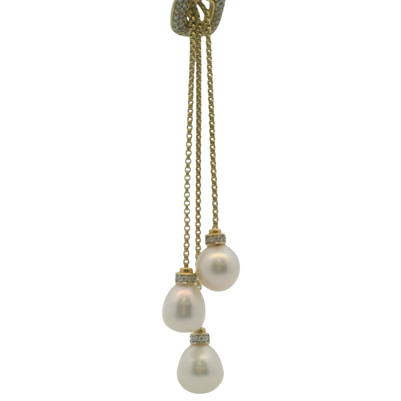 David Yurman Solid 18kt Yellow Gold Multi-Strand Box Chain Pearl and Diamond Lariat Necklace