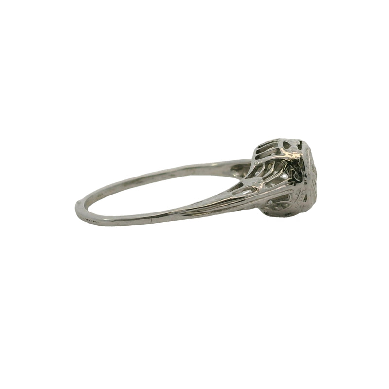 Antique 1920s Art Deco 18kt White Gold and 0.04ct Diamond Solitaire Ring With Geometric Filigree Setting Size 5.25