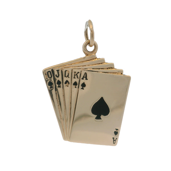 Vintage Playing Cards Full House 14k 585 Yellow Gold Enameled Black Charm Pendant