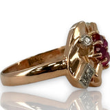 Vintage Retro Era 1940-50s 14kt Solid Rose Gold Cocktail Ring with Lab-Grown Rubies and Diamonds Size 7