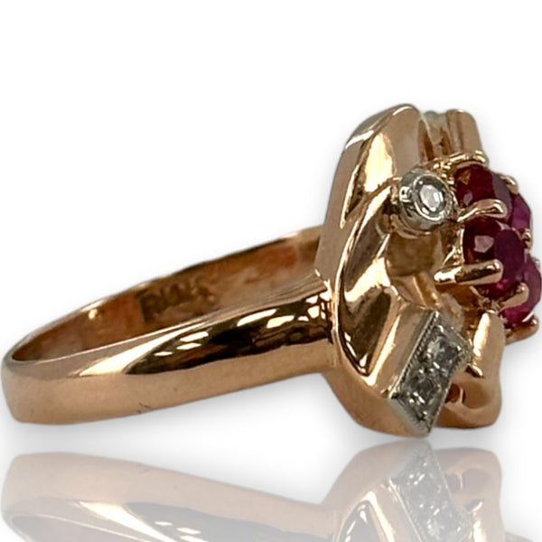 Vintage Retro Era 1940-50s 14kt Solid Rose Gold Cocktail Ring with Lab-Grown Rubies and Diamonds Size 7