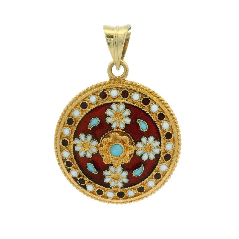 Solid 18kt Yellow Gold and Colored Enamel Byzantine Inspired Floral Circle Pendant