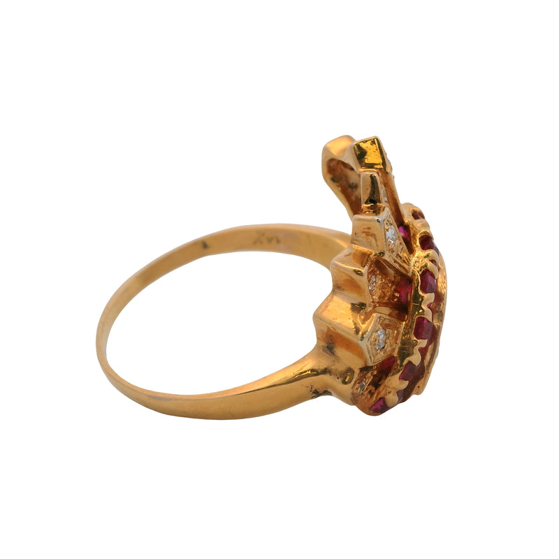 Vintage 1930s Retro 14kt Yellow Gold Diamond and Lab Ruby Cornucopia Cocktail Ring Size 10
