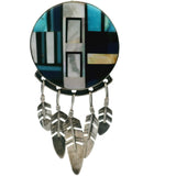 Vintage Native American MOP Turquoise Lapis and Onyx Round Pendant with Feathers